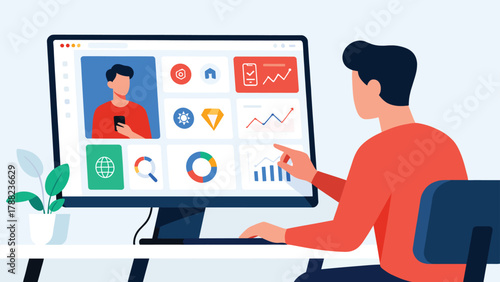 Man Interacting with Digital Dashboard Interface on Computer