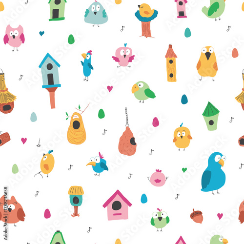 Cute birds and their birdhouses seamless pattern. Cute Cartoon birds background. Vector Illustration.