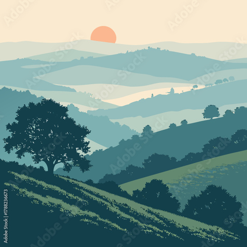 Serene rolling hills at sunset with a lone oak tree