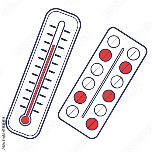 Thermometer and pills for illness and treatment