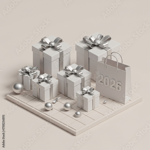 Isometric Gift Illustration: Elegant white presents for New Year's shopping