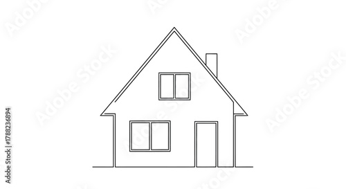 Linear house design, home illustration with windows and chimney on white background
