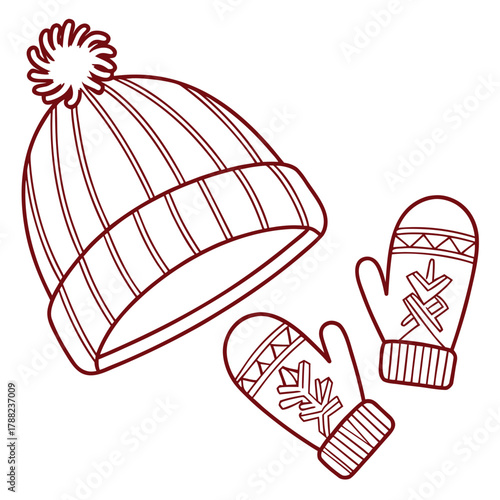 Winter hat and mittens line art