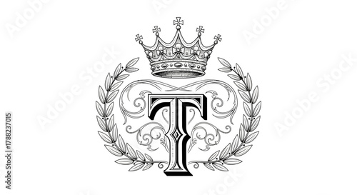 Monogram 'T' design with royal crown and wreath for branding and decorative purposes