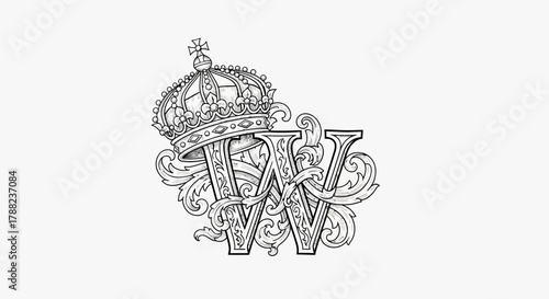 Elaborate letter W design with crown and floral elements for branding concept and arts