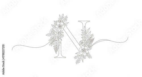 Elegant Floral "N" Monogram Design with Delicate Botanical Accents and Flourishing Lines