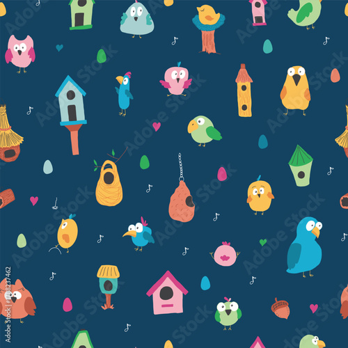 Cute birds and their birdhouses seamless pattern. Cute Cartoon birds background. Vector Illustration.