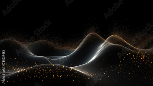 Luxury Gold Wave Particle Background, Elegant Futuristic Abstract Flowing Lines and Dots, Premium Black Dark Technology Design with Glowing Light, Dynamic Modern Vector Banner and Poster