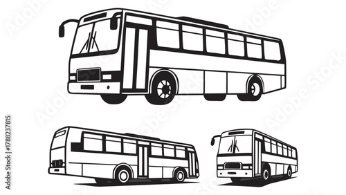 Vector illustrations of a passenger bus in multiple views, ideal for public and commercial transport design, urban mobility, and travel concepts