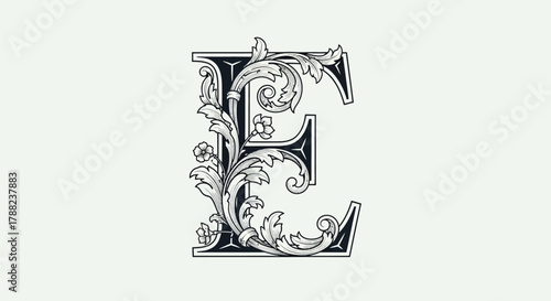 Letter E adorned with intricate floral vines creates a captivating visual emblem for elegance