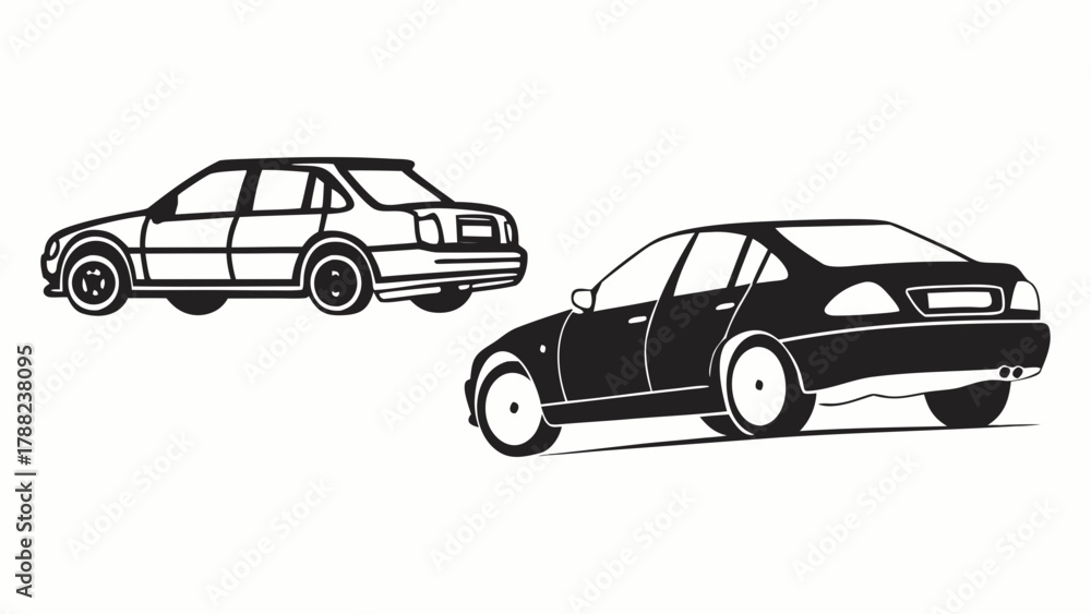 Fototapeta premium Two Cars Illustration, Automotive Design in Black and White, Car Icons, Transport Vehicles