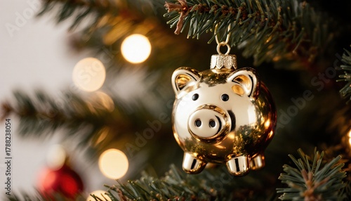 Close-Up of a Gold Pig Ornament Hanging on a Christmas Tree