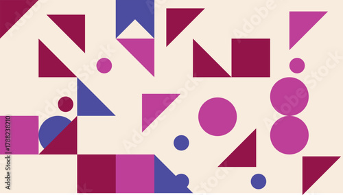 Playful abstract geometric shapes in vibrant purple and blue hues on a cream background