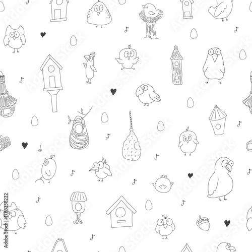 Cute birds and their birdhouses seamless pattern. Cute Cartoon birds background. Vector Illustration.