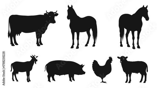 Diverse farm animal silhouettes collection isolated on white background, Vector
