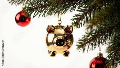 Shiny Golden Piggy Bank Decoration on Christmas Tree Branch