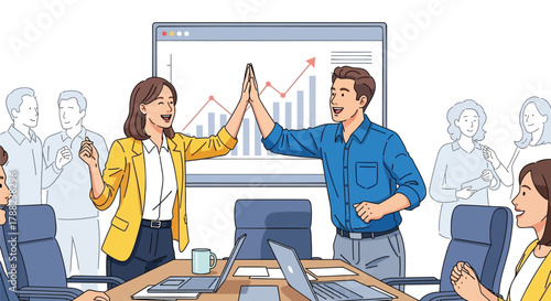 Successful business team celebrating a high five in front of a growth chart on a screen during a meeting