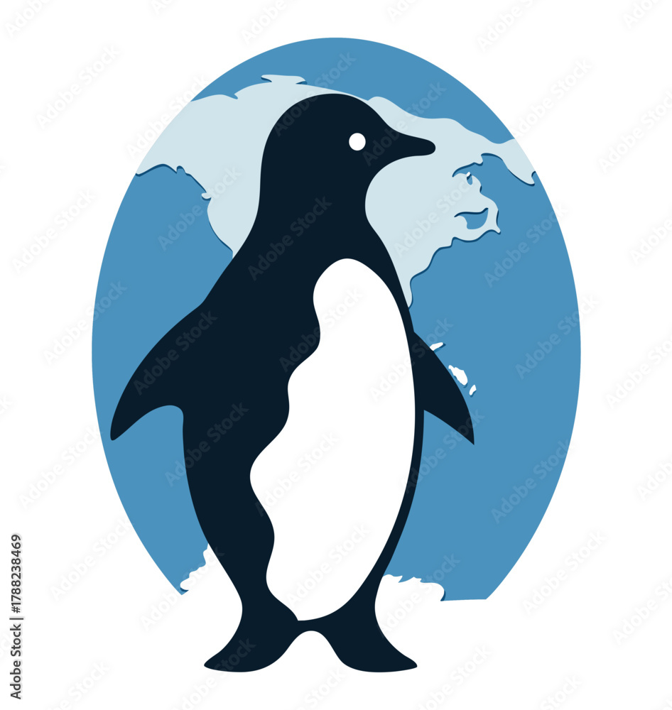 Obraz premium Stylized penguin silhouette against a blue earth globe isolated on white background isolated on transparent background