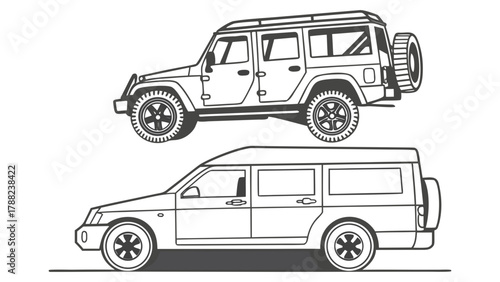 Set of black and white line art illustrations featuring two off-road vehicles, a utility vehicle and a station wagon, in a side profile view. Isolated vector drawing on a white background