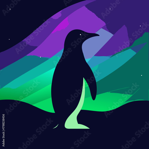 A dark silhouette of a penguin stands against a vibrant aurora borealis sky isolated on white background isolated on transparent background