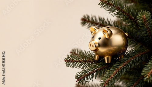 Golden Piggy Bank on Pine Tree Branch with Minimalist Composition