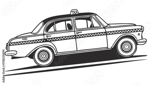 Classic taxi cab illustration in black and white silhouette style on a clean white background, capturing the essence of urban transportation