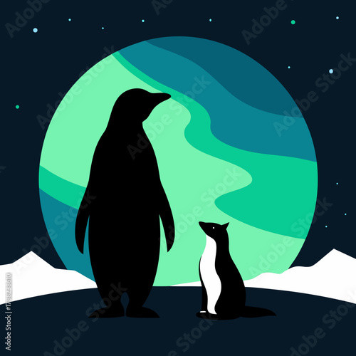 Two penguins silhouetted against a vibrant aurora borealis in the arctic night sky isolated on white background isolated on transparent background
