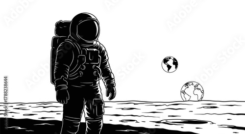Monochrome astronaut stands tall on lunar surface contemplating Earth's beauty and isolation