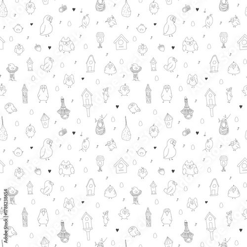 Cute birds and their birdhouses seamless pattern. Cute Cartoon birds background. Vector Illustration.