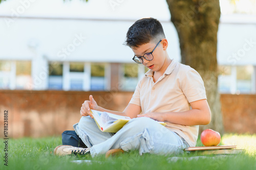Student boy learning reading book outdoors school campus