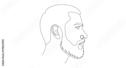 Minimalist continuous line drawing showcasing a stylish bearded man's profile portrait