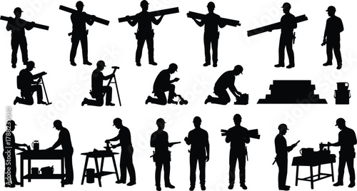 Construction worker, labor silhouette, industrial task, tool action, site crew, cad drawing flat vector illustration