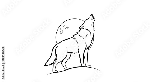 Minimalist illustration of a howling wolf against a backdrop of a full moon at night
