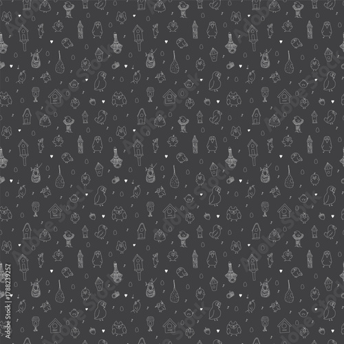 Cute birds and their birdhouses seamless pattern. Cute Cartoon birds background. Vector Illustration.