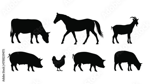 Farm animal silhouettes collection isolated on white background, Vector