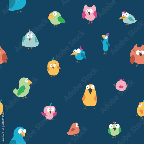 Cute birds seamless pattern. Cute Cartoon birds background. Vector Illustration.