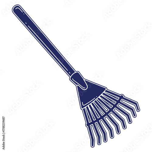 Illustration of a garden rake with a long handle and flexible tines on a clean white background representing outdoor work