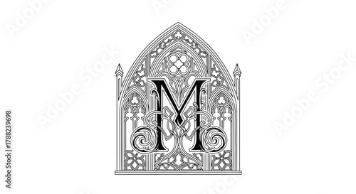 Intricate gothic window with ornate letter M design, perfect for artistic projects requiring
