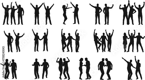 Dance silhouette, celebration pose, party people, joyful movement, social interaction, cad drawing flat vector illustration