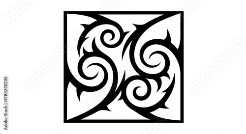 Intricate swirling thorns encapsulated in a square frame, a bold and striking black and white