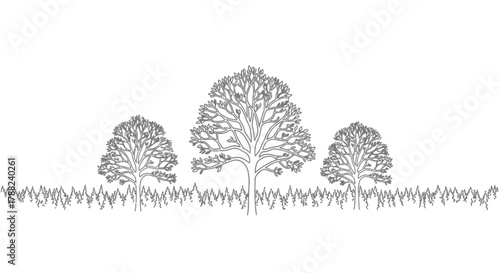 Serene arboreal landscape with stylized trees and rhythmic grasslands graphic design illustration