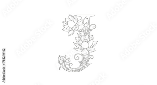 Elegant letter J design adorned with delicate lotus flowers and intricate swirl embellishments