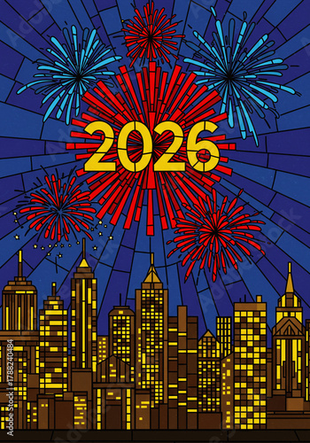 Stained Glass Fireworks: New Year's Eve Celebration Over a Vibrant Cityscape