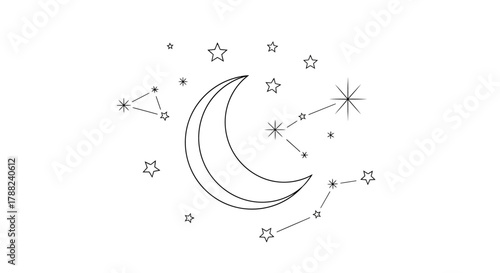 Stylized crescent moon surrounded by constellations and stars for cosmic designs