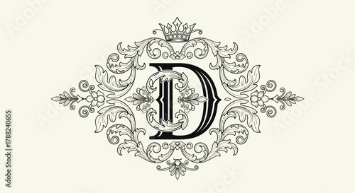 Ornate letter D with crown and floral decorations in classic black and white design