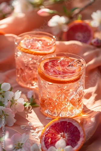 Two glasses filled with sparkling blood orange drinks sit on a soft pink cloth. The drinks are topped with orange slices, complemented by delicate white blossoms and citrus fruit