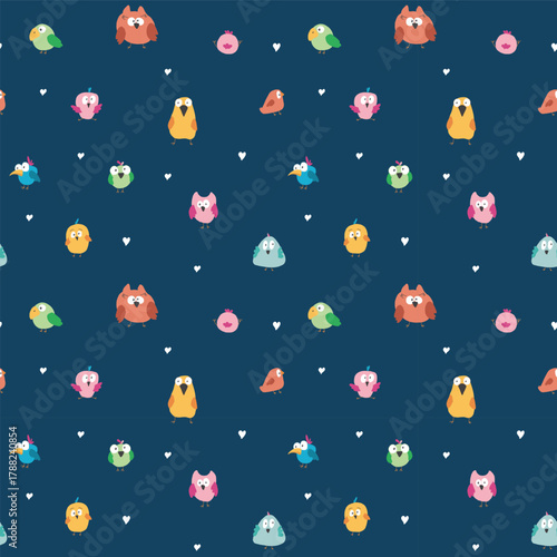Cute birds seamless pattern. Cute Cartoon birds background. Vector Illustration.