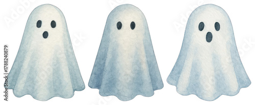 PNG Cute watercolor ghost illustrations, element set on transparent background