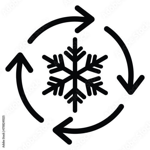 Black outline icon featuring a detailed snowflake centered within four rotating circular arrows. Represents cooling, recirculation, freezing cycle, or air conditioning system settings. Isolated vector