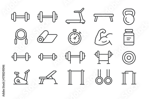 Fitness and Gym Line Icons — Workout Equipment and Exercise Tools Vector Set